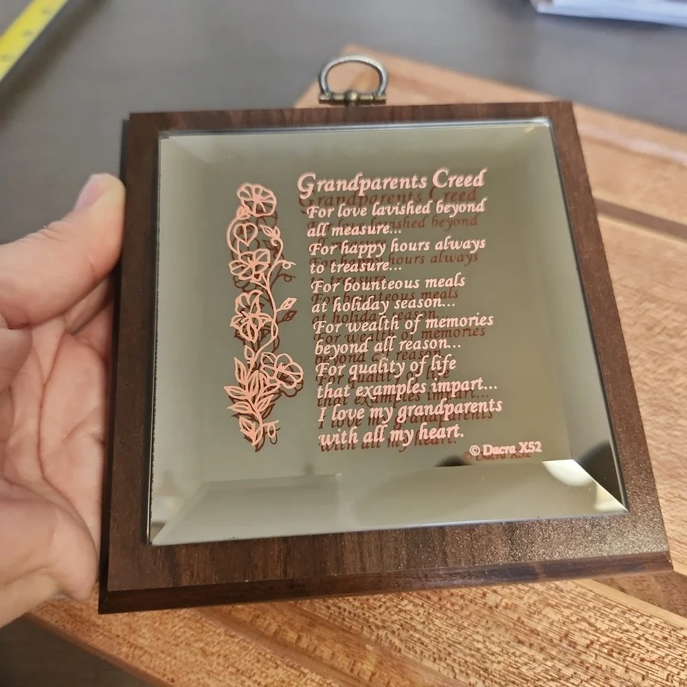 Vintage Dacra X52 Grandparents Creed Beveled Mirror Wall Plaque Floral Wood Gift